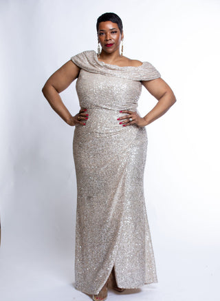 Frank Lyman Off-Shoulder Sequin Gown