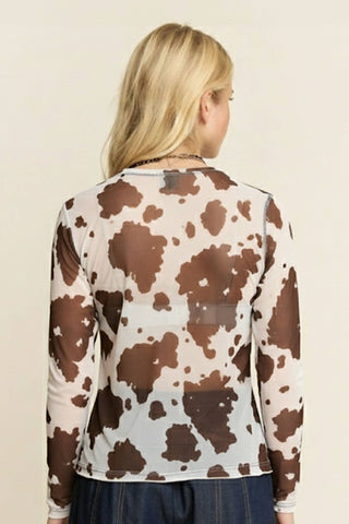 COW PRINT LONG SLEEVE MESH TOP