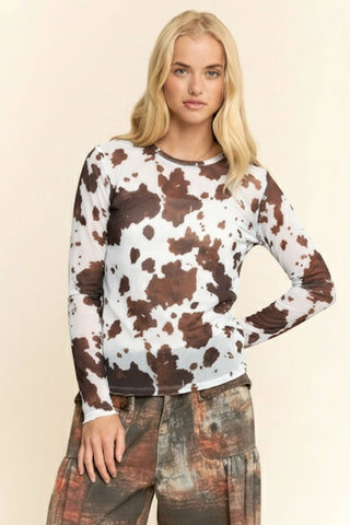 COW PRINT LONG SLEEVE MESH TOP