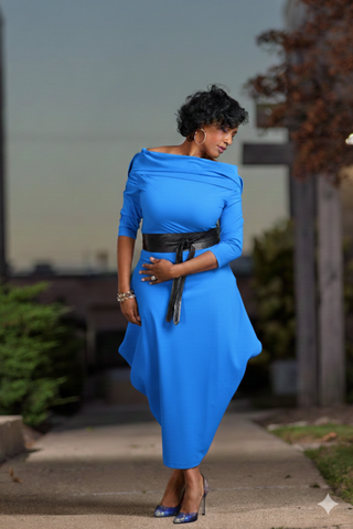 💙 Cobalt Drape Off-Shoulder Midi Dress