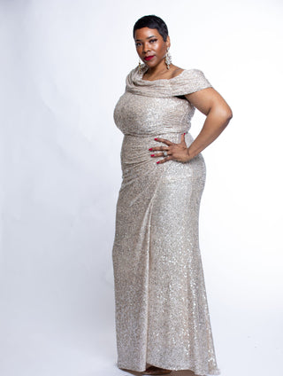 Frank Lyman Off-Shoulder Sequin Gown